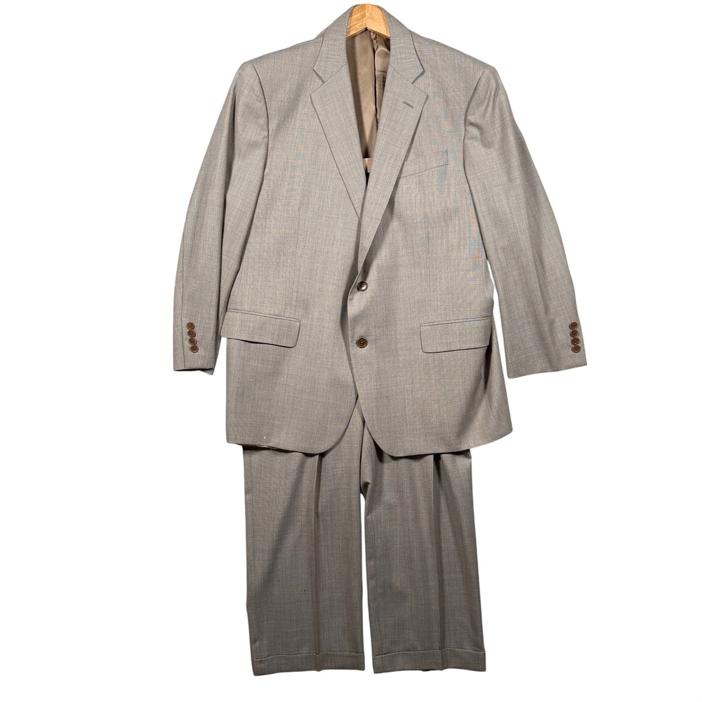 Brooks Brothers 1818 Madison Saxon Suit Tan Houndstooth 46R Made in USA *Read*